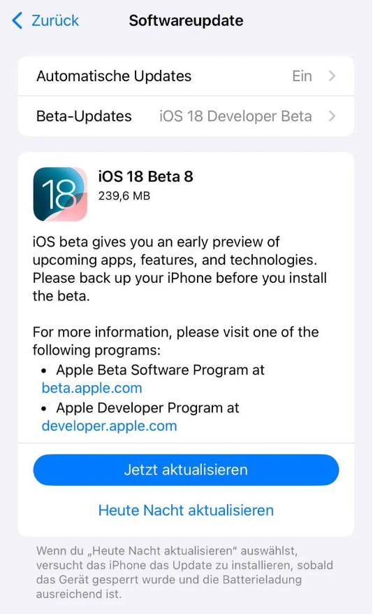 永寿苹果手机维修分享苹果 iOS / iPadOS 18 开发者预览版 Beta 8 发布 